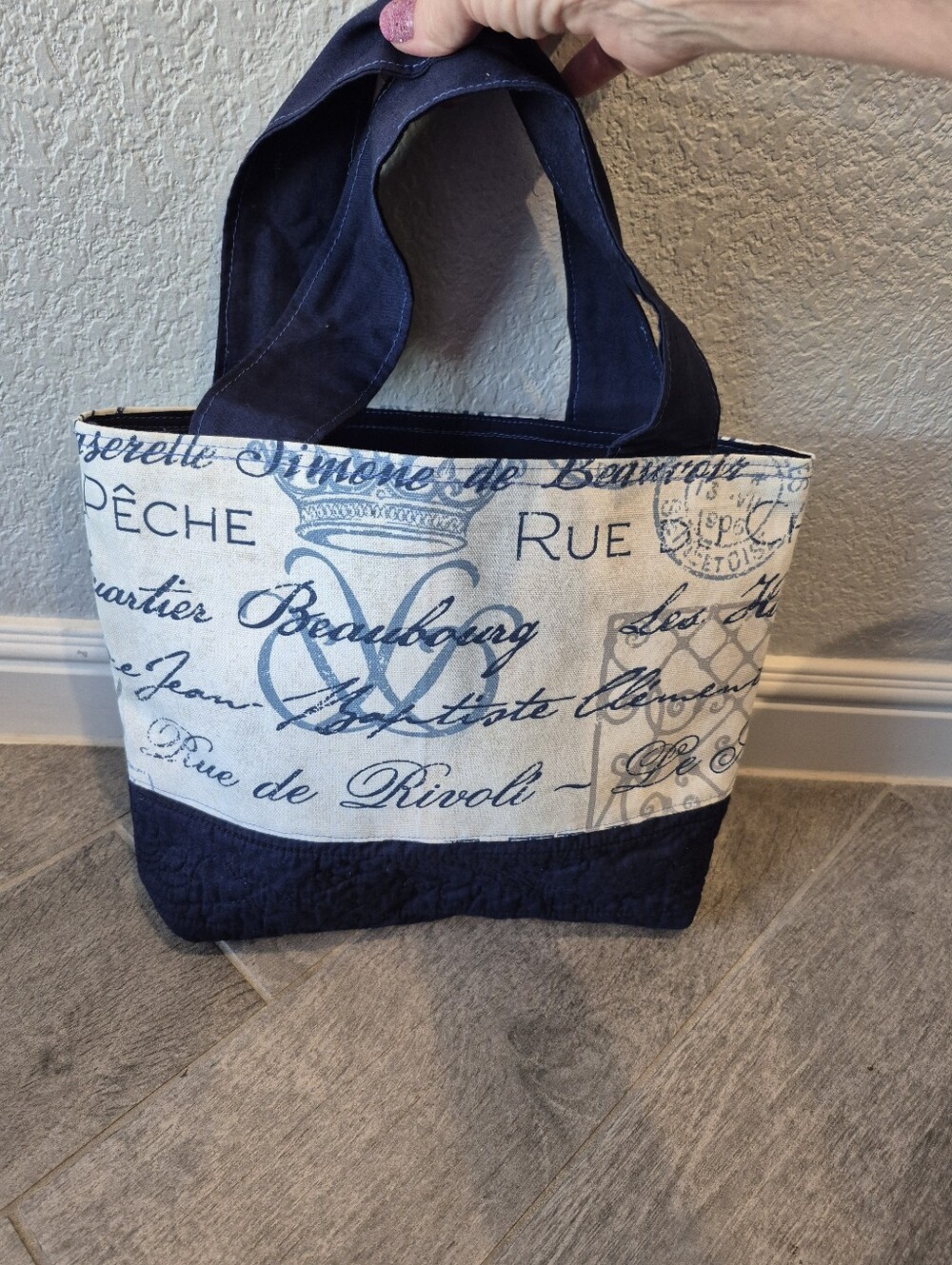 Navy and Cream Script Canvas Tote Bag